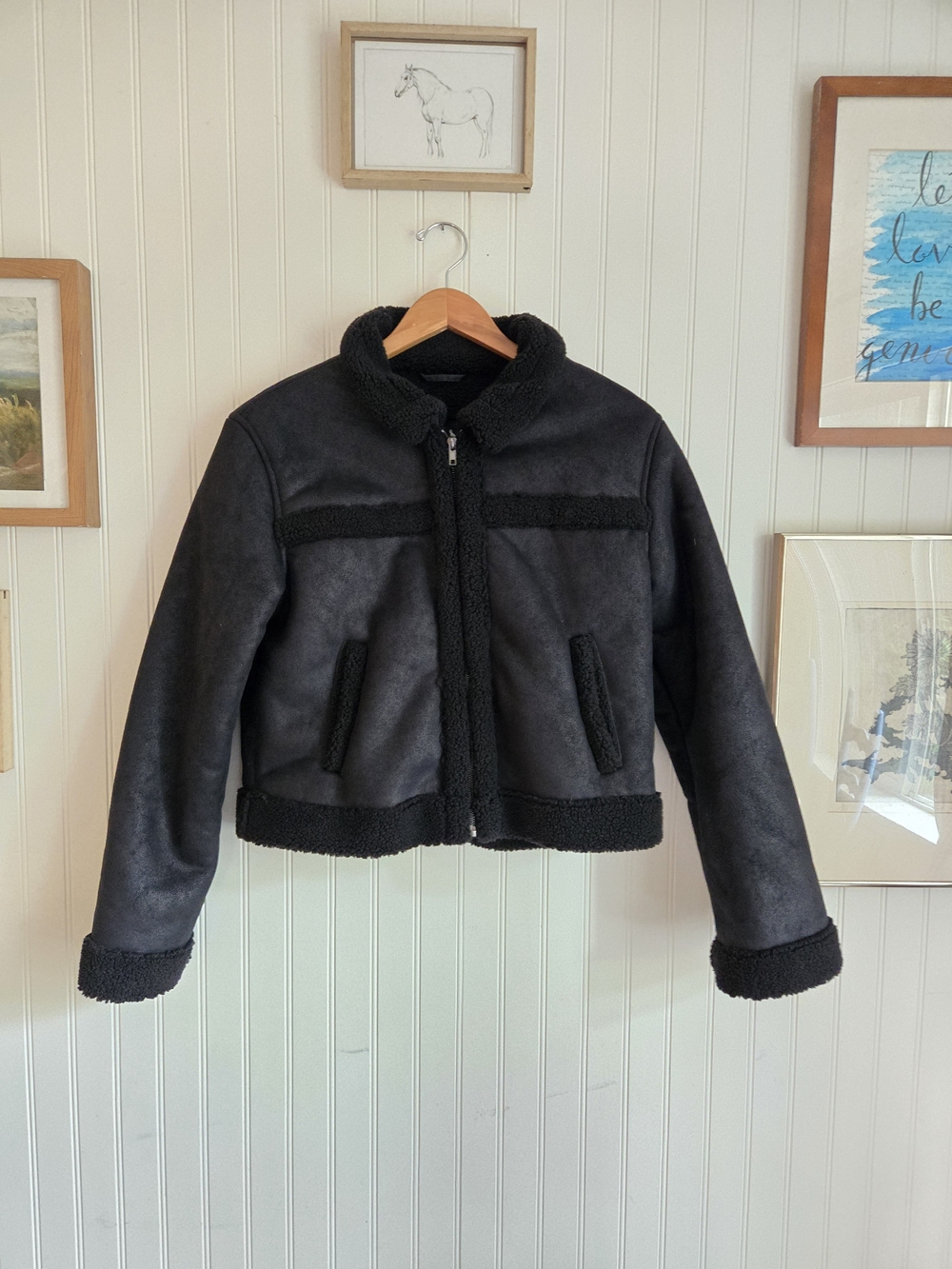 Black Faux Shearling Zip Moto Streetwear Indie Jacket